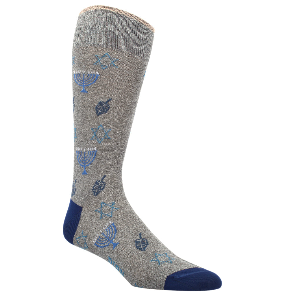 Gray Hanukkah Motif Mercerized Cotton Mid-Calf Socks - DION