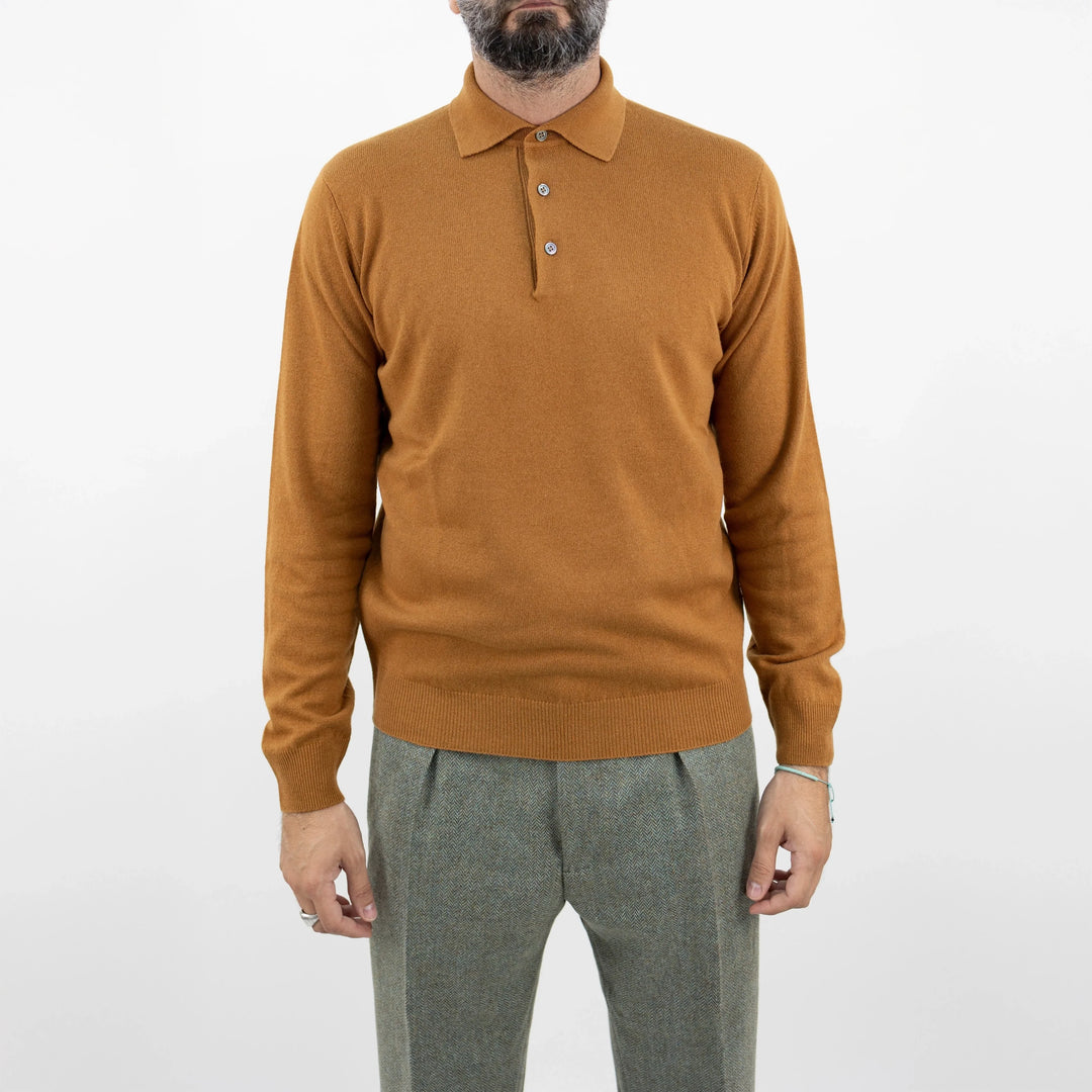 Caramel Brown Royal Merino Wool Polo Shirt - FILIPPO DE LAURENTIIS