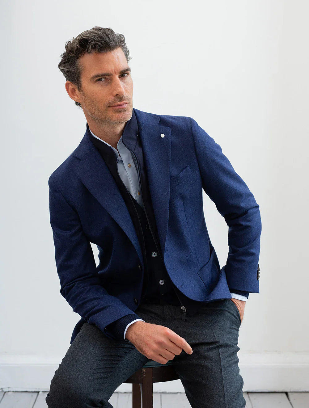 Royal Blue Solid Wool Hybrid Sport Jacket with Bib - Luigi Bianchi - Boutique Jacques Last Call