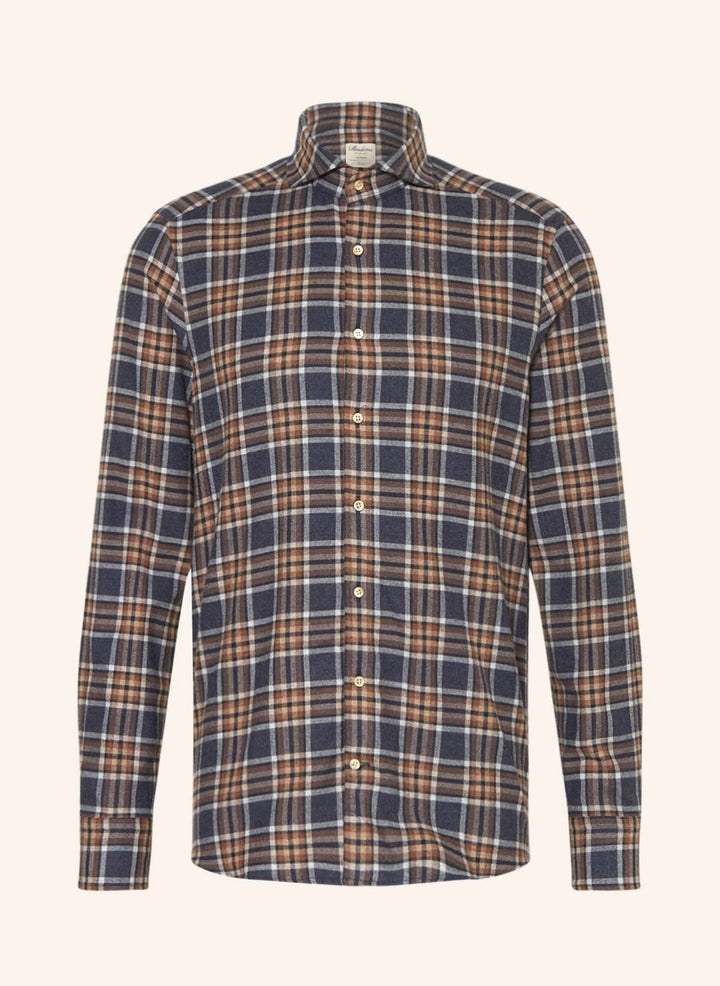 Blue and Copper Checked Fitted Body Flannel Shirt - Stenströms
