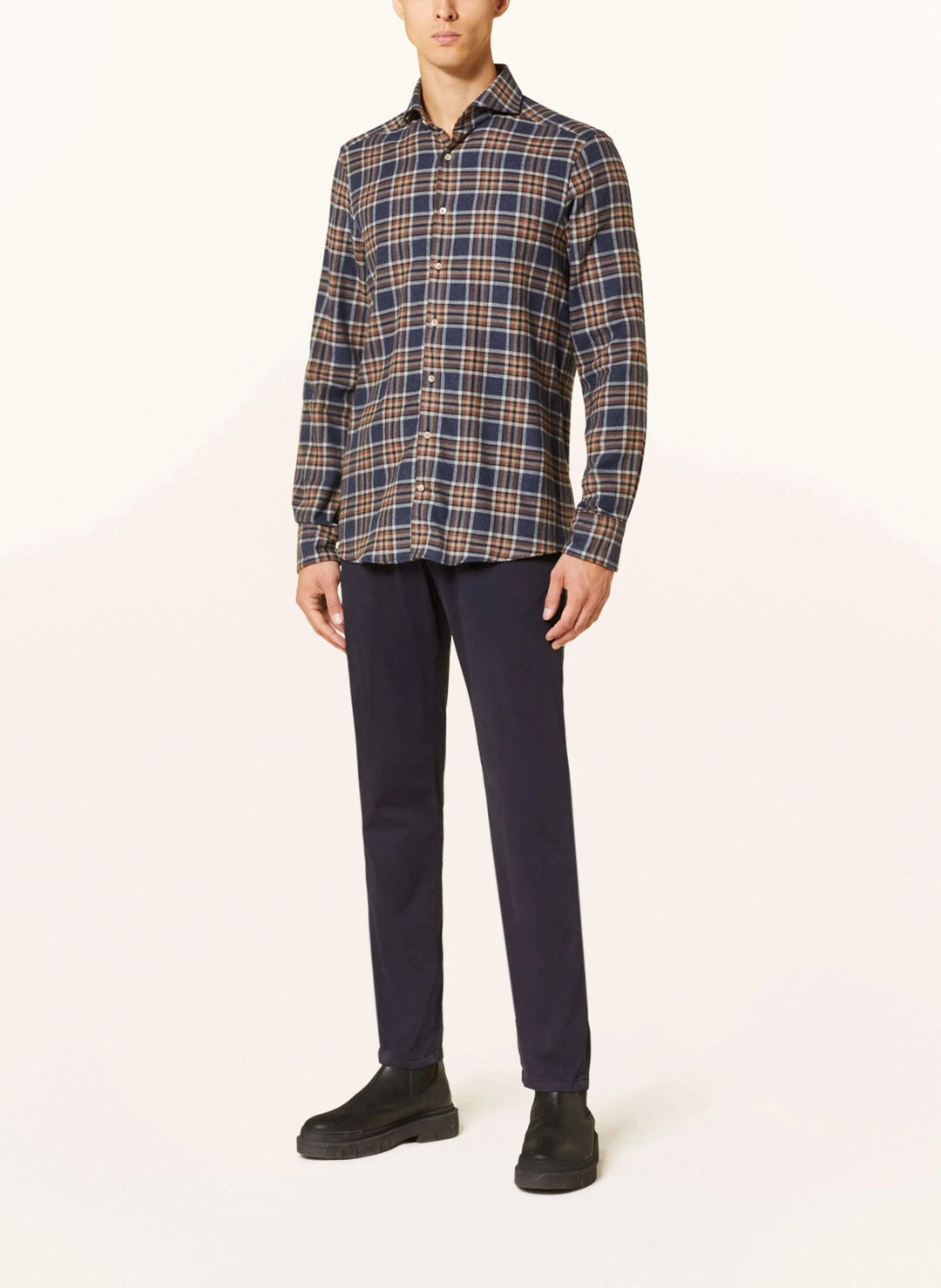 Blue and Copper Checked Fitted Body Flannel Shirt - Stenströms