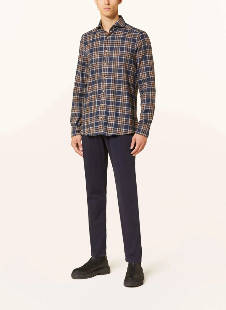 Blue and Copper Checked Fitted Body Flannel Shirt - Stenströms
