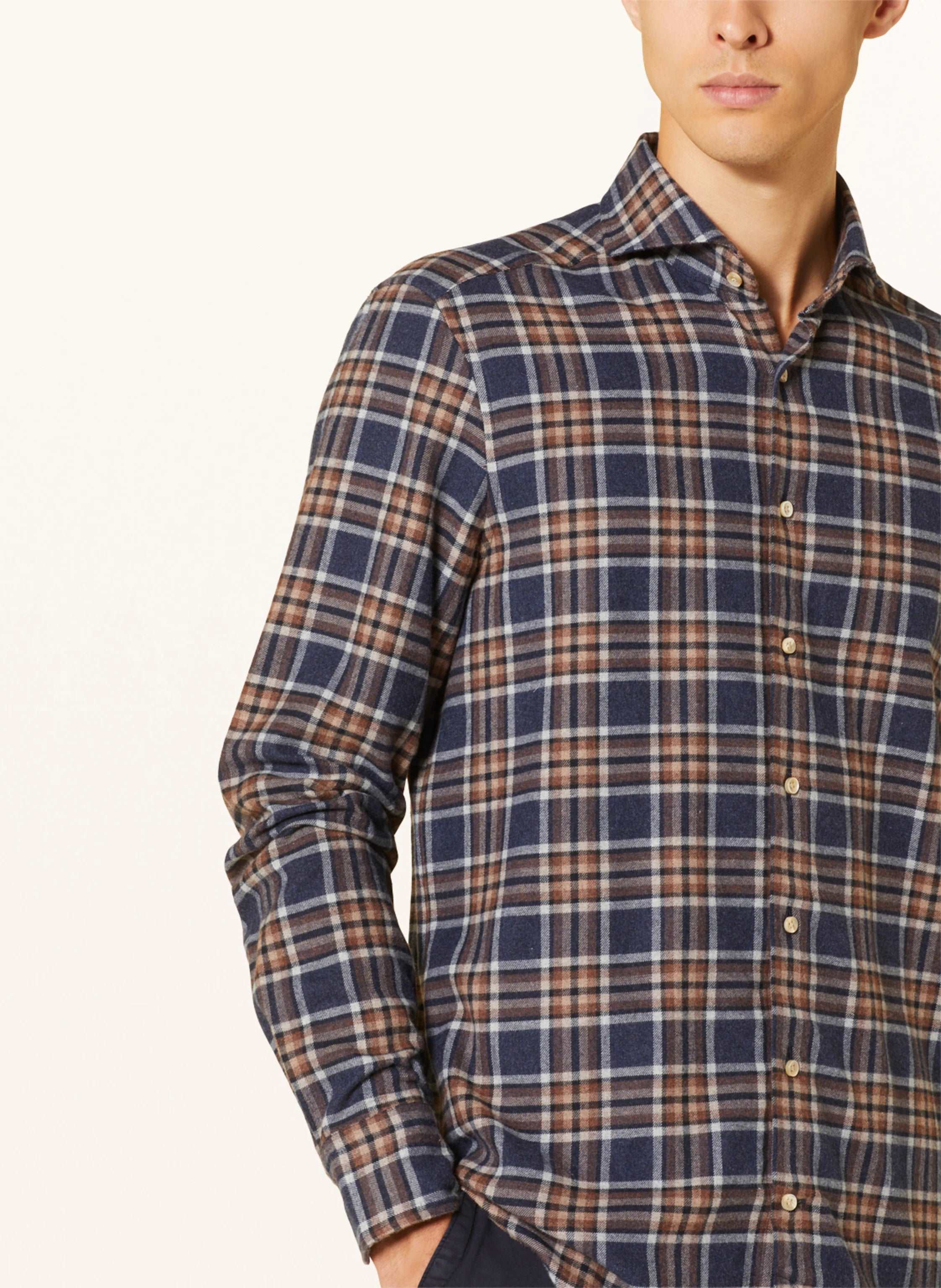 Blue and Copper Checked Fitted Body Flannel Shirt - Stenströms