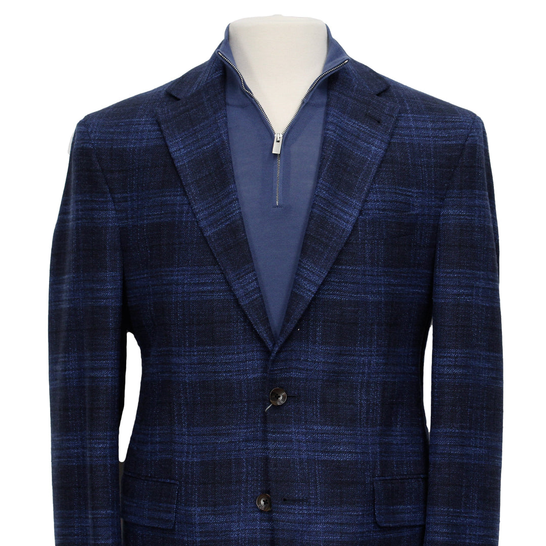 Blue Tonal Plaid Dallas Contemporary Fit Wool-Silk-Cotton Sport Jacket - Jack Victor