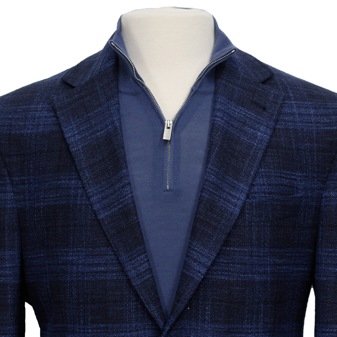 Blue Tonal Plaid Dallas Contemporary Fit Wool-Silk-Cotton Sport Jacket - Jack Victor