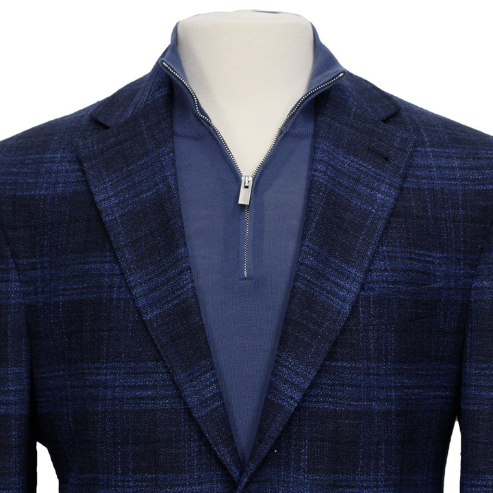 Blue Tonal Plaid Dallas Contemporary Fit Wool-Silk-Cotton Sport Jacket - Jack Victor