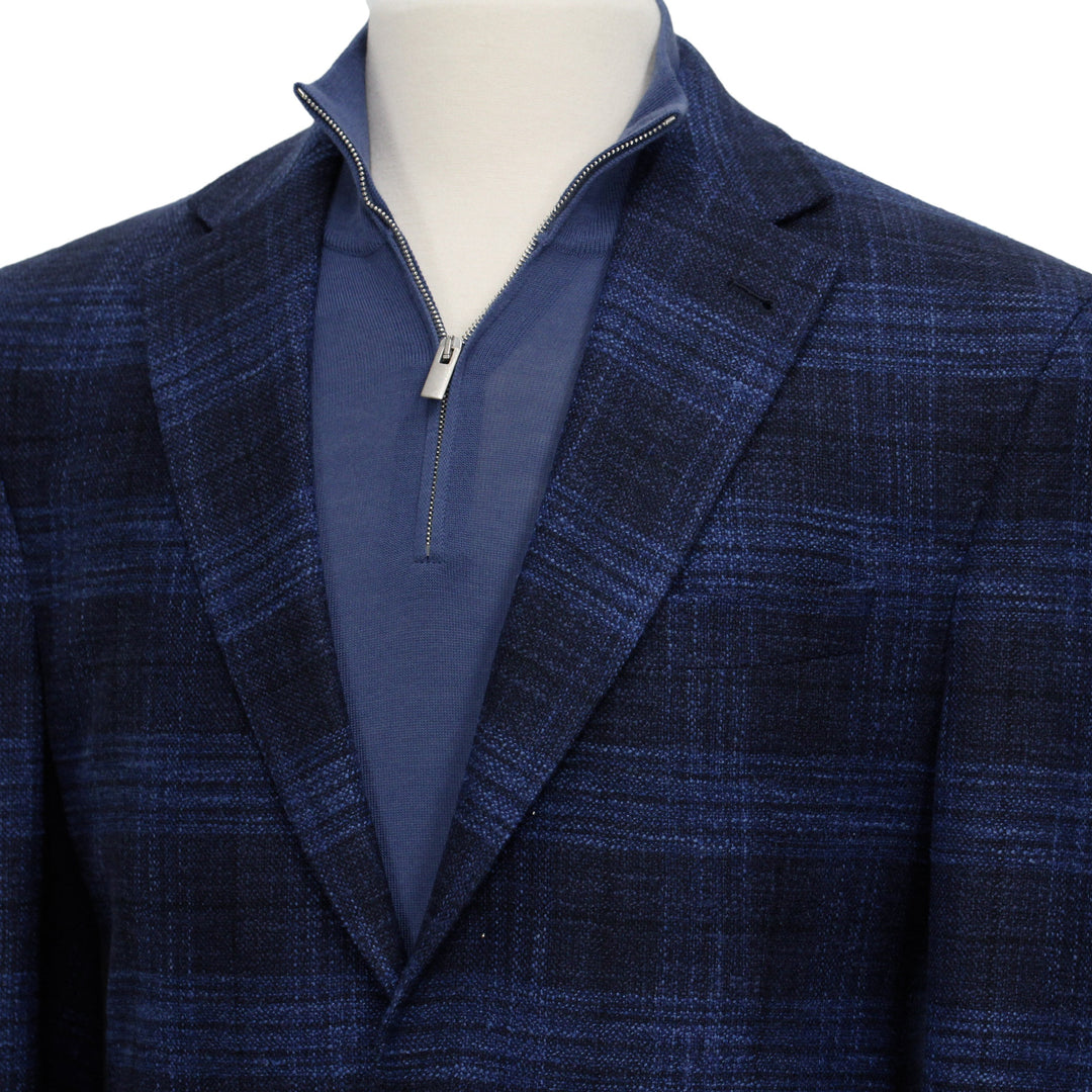 Blue Tonal Plaid Dallas Contemporary Fit Wool-Silk-Cotton Sport Jacket - Jack Victor