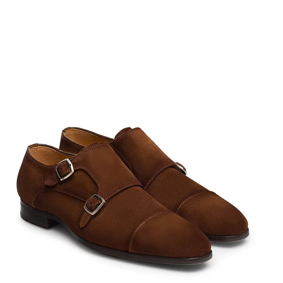 Algarra Cognac Suede Monk-Strap Dress Shoes - Magnanni