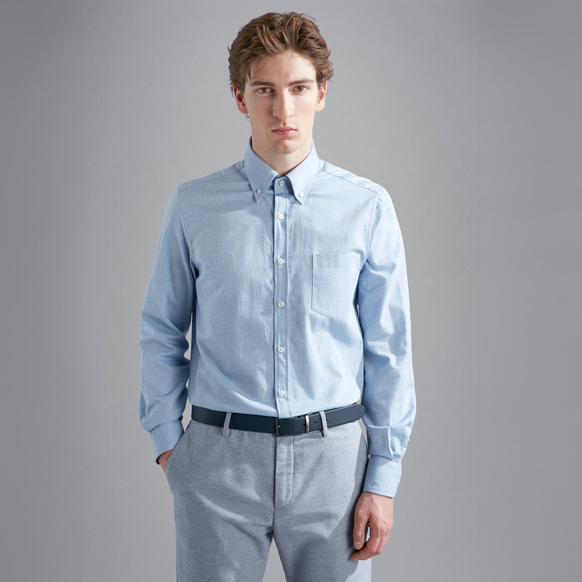 Light Blue Flannel Cotton Button-Down Shirt W/ Contrast Trim - Paul & Shark - Boutique Jacques Last Call