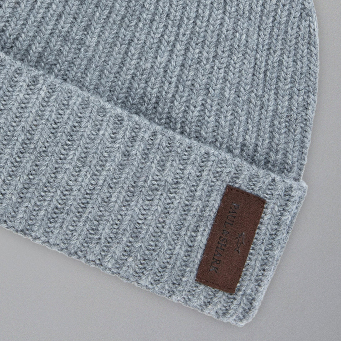 Gray Ribbed Knit Re-Wool Beanie with Sueded Leather Badge - Paul & Shark - Boutique Jacques Last Call