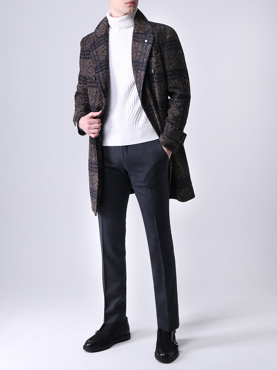 Dark Brown Check Tartan Jersey Wool Coat - Boutique Jacques Last Call