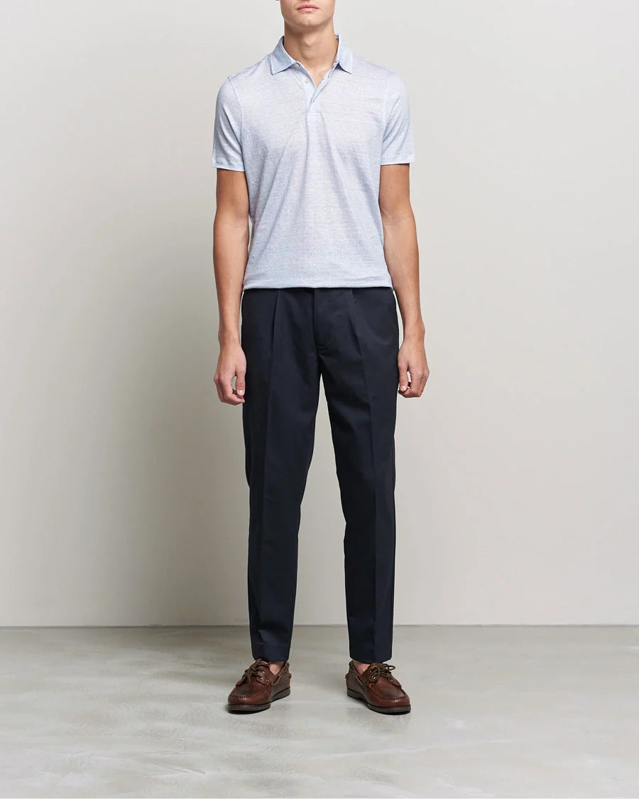 Light Blue Tonal Flower Linen Polo Shirt - Stenströms - Boutique Jacques Last Call