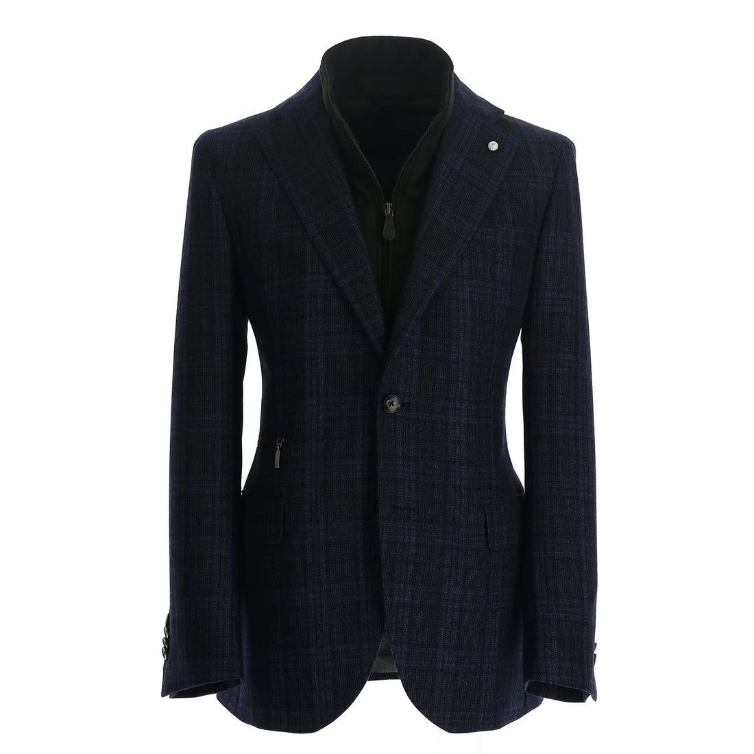 Navy Checked Wool Hybrid Jacket with Bib (Contemporary Dream Fit) - Luigi Bianchi Mantova - Boutique Jacques Last Call