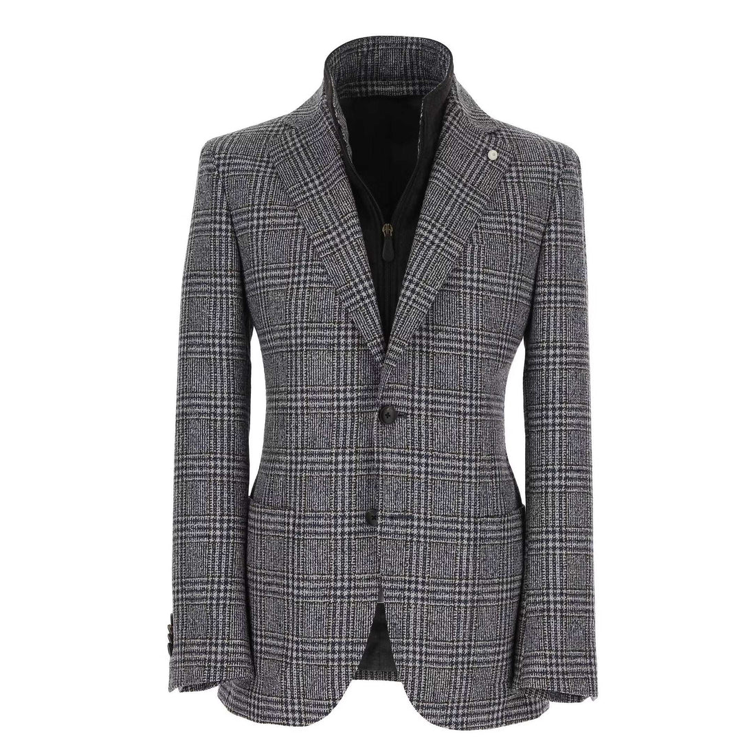 Blue & Brown Prince-of-Wales Wool Hybrid Sport Jacket with Bib - Luigi Bianchi