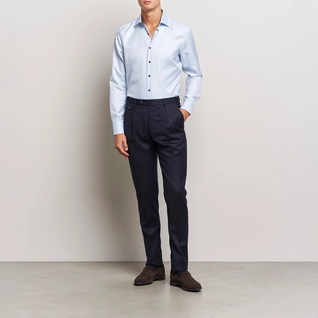 Blue Textured Twill Fitted Body Shirt w/ Contrast Details - Stenströms