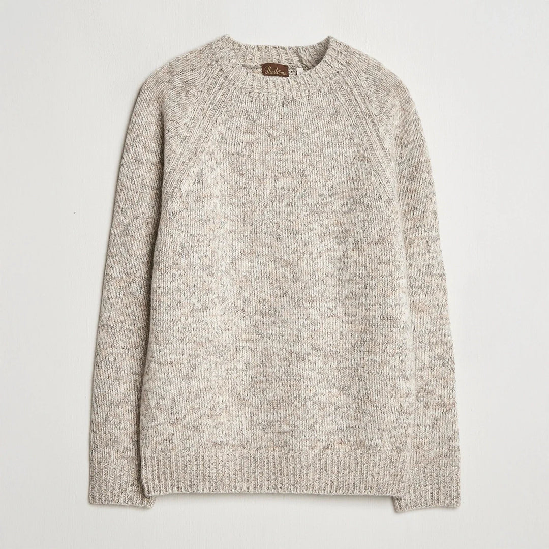 Oatmeal Chunky Wool-Cotton Crew Neck Sweater - Stenströms