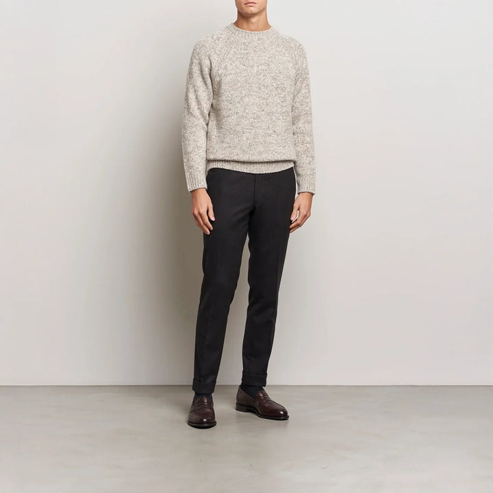 Oatmeal Chunky Wool-Cotton Crew Neck Sweater - Stenströms