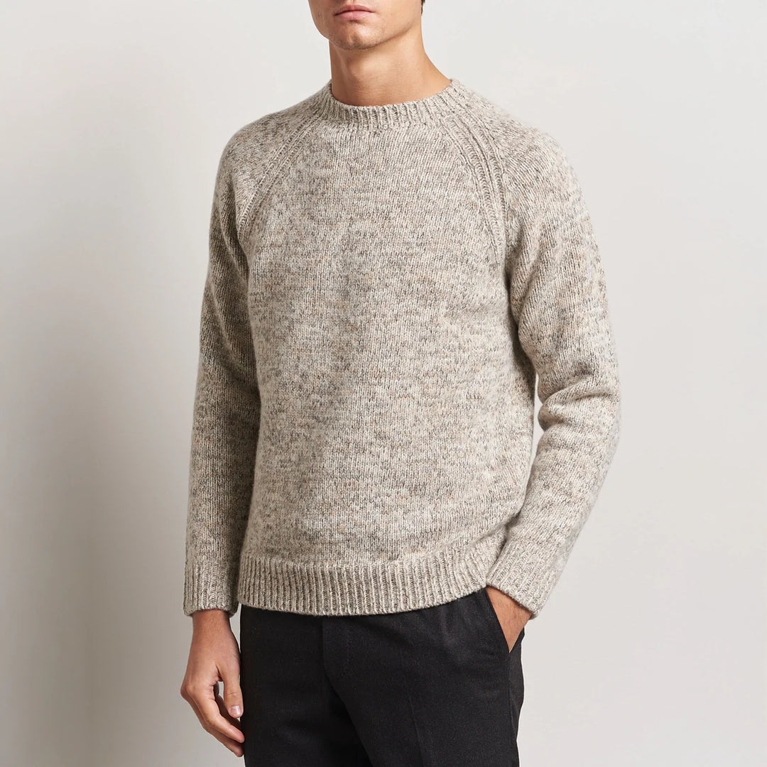 Oatmeal Chunky Wool-Cotton Crew Neck Sweater - Stenströms