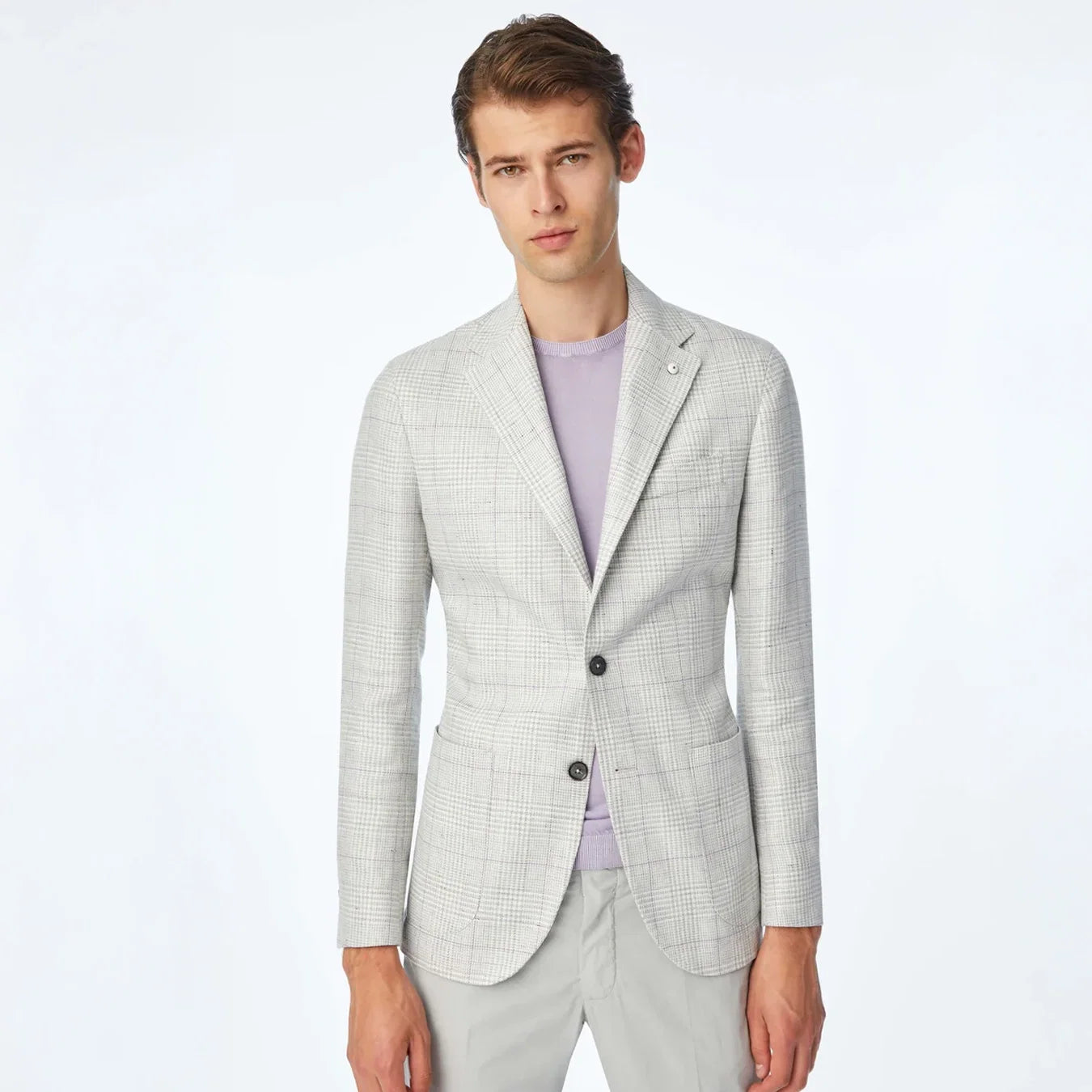 Light Gray Prince of Wales Linen-Cotton Contemporary Fit Sport Jacket - L.B.M 1911