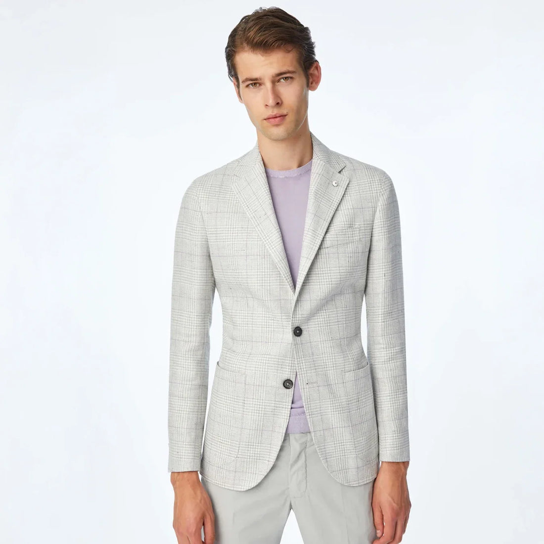 Light Gray Prince of Wales Linen-Cotton Contemporary Fit Sport Jacket - L.B.M 1911