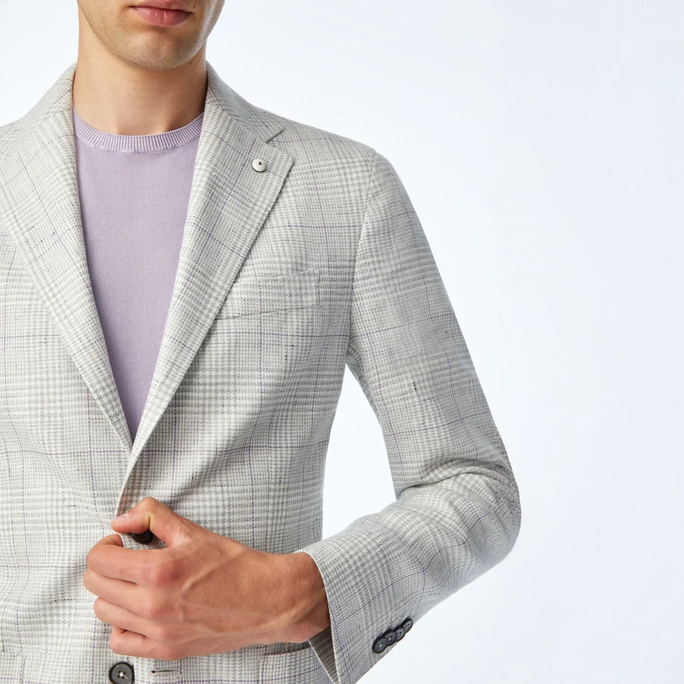 Light Gray Prince of Wales Linen-Cotton Contemporary Fit Sport Jacket - L.B.M 1911