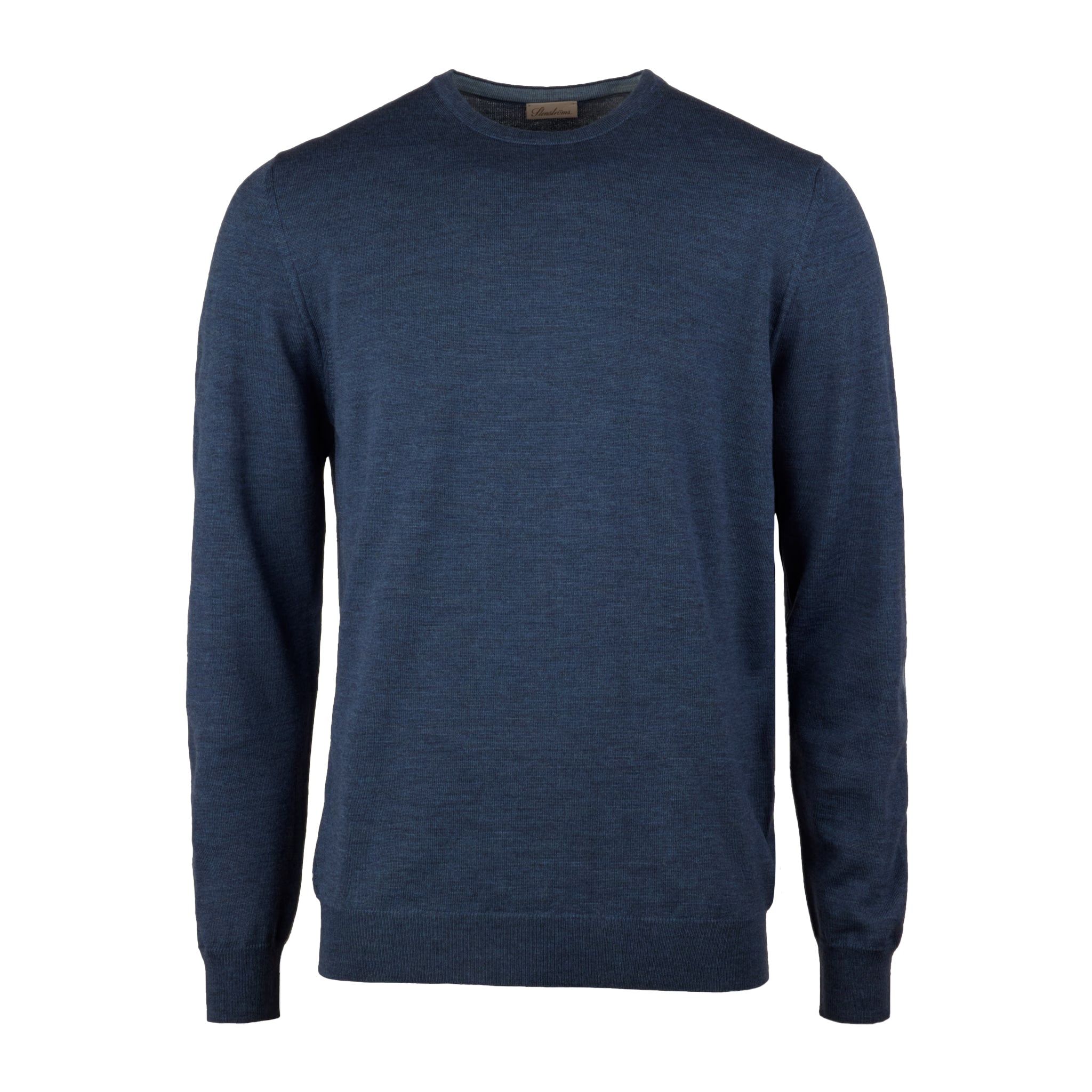 Dark Blue Merino Wool Crew Neck Sweater w/ Elbow Patches - Stenströms