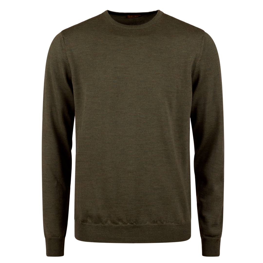 Olive Green Merino Wool Crew Neck Sweater w/ Elbow Patches - Stenströms - Boutique Jacques Last Call