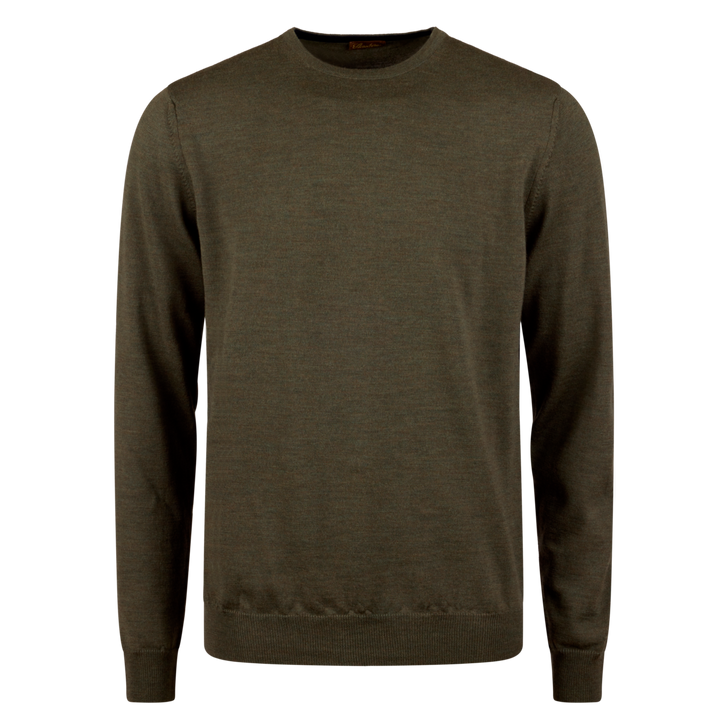 Olive Green Merino Wool Crew Neck Sweater w/ Elbow Patches - Stenströms - Boutique Jacques Last Call