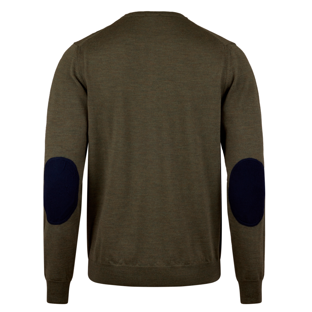 Olive Green Merino Wool Crew Neck Sweater w/ Elbow Patches - Stenströms - Boutique Jacques Last Call