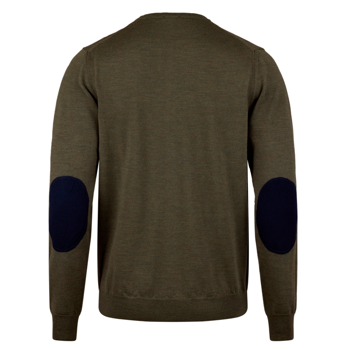Olive Green Merino Wool Crew Neck Sweater w/ Elbow Patches - Stenströms - Boutique Jacques Last Call