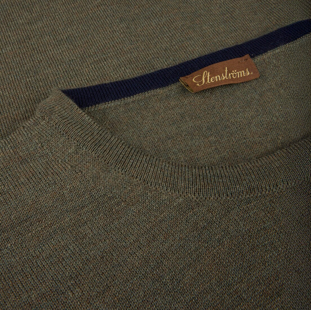 Olive Green Merino Wool Crew Neck Sweater w/ Elbow Patches - Stenströms - Boutique Jacques Last Call