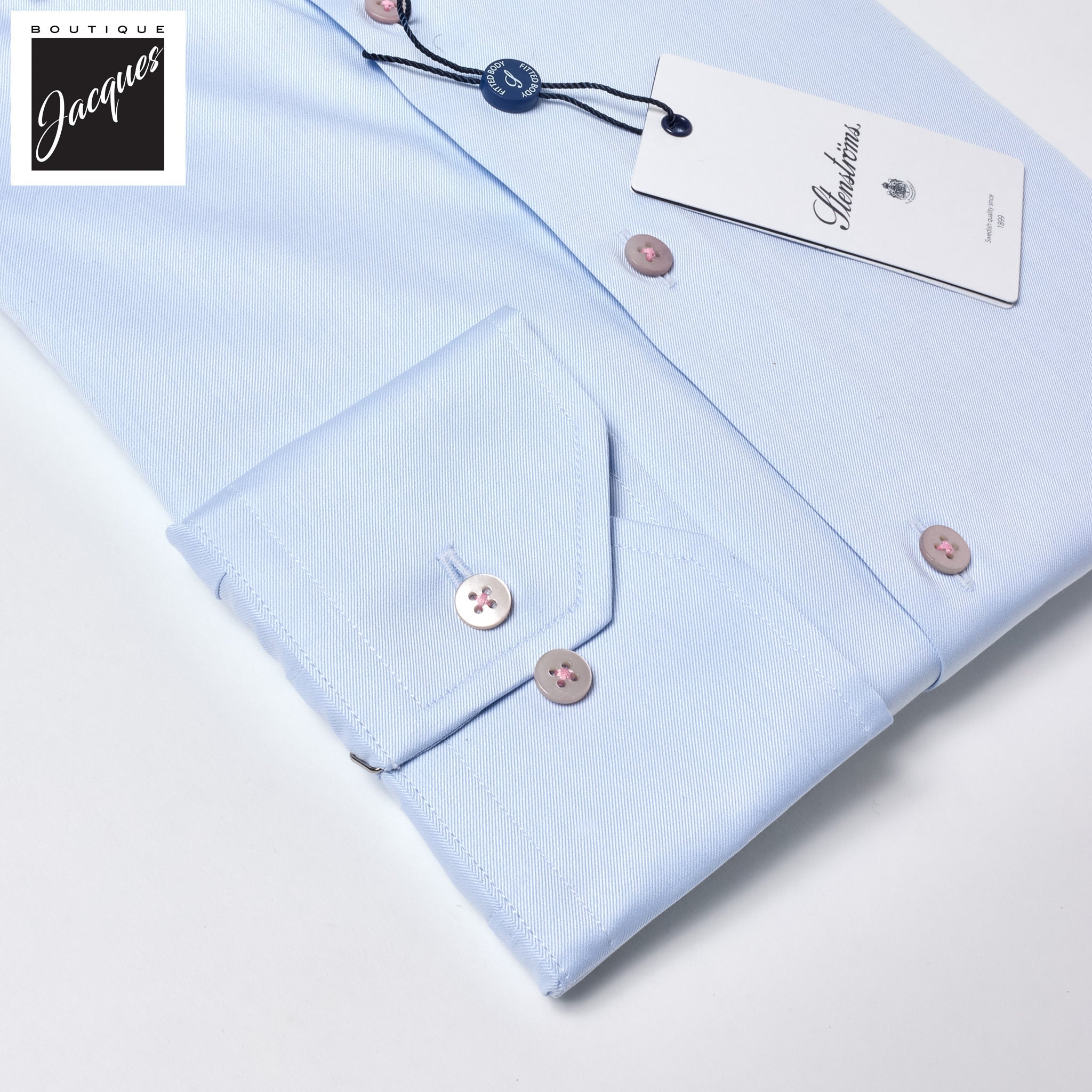 Light w/ Pink Button Blue Twill Fitted Body Shirt - Stenströms