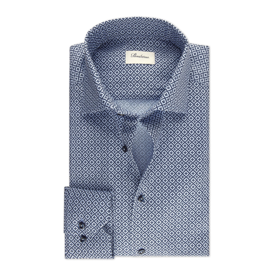 Blue Patterned Oxford Fitted Body Shirt - Stenströms - Boutique Jacques Last Call