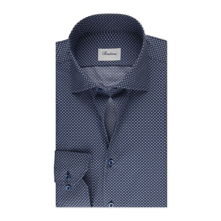 Navy Blue Patterned Poplin Fitted Body Shirt - Stenströms - Boutique Jacques Last Call