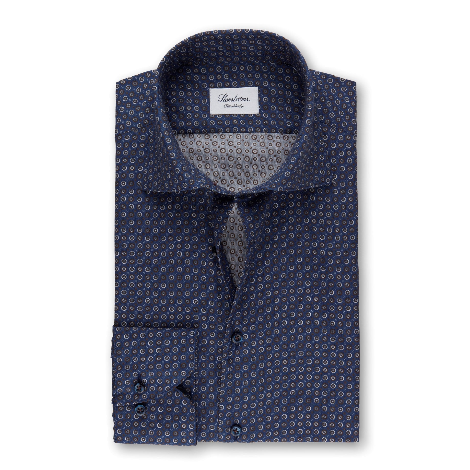 Navy/Brown Geometric Patterned Fitted Body Shirt - Stenströms - Boutique Jacques Last Call