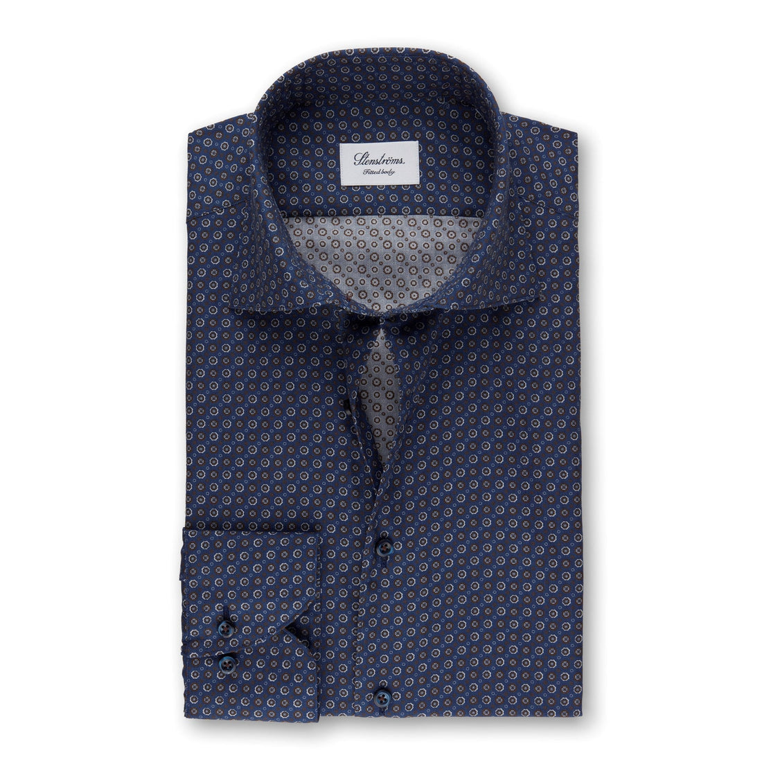 Navy/Brown Geometric Patterned Fitted Body Shirt - Stenströms - Boutique Jacques Last Call