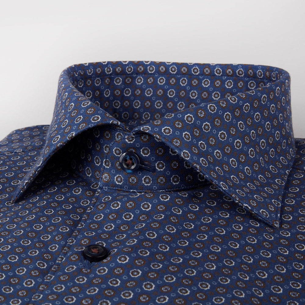 Navy/Brown Geometric Patterned Fitted Body Shirt - Stenströms - Boutique Jacques Last Call