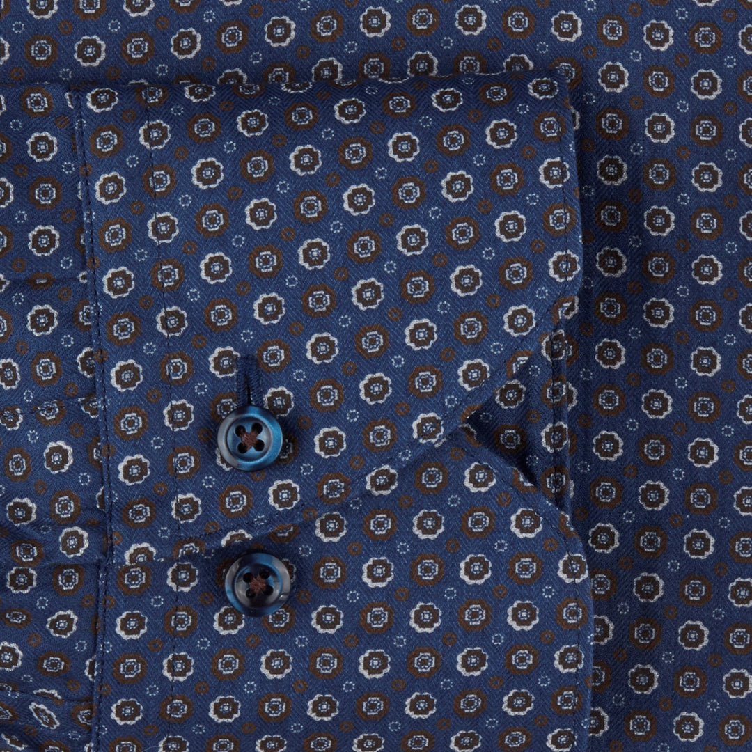 Navy/Brown Geometric Patterned Fitted Body Shirt - Stenströms - Boutique Jacques Last Call