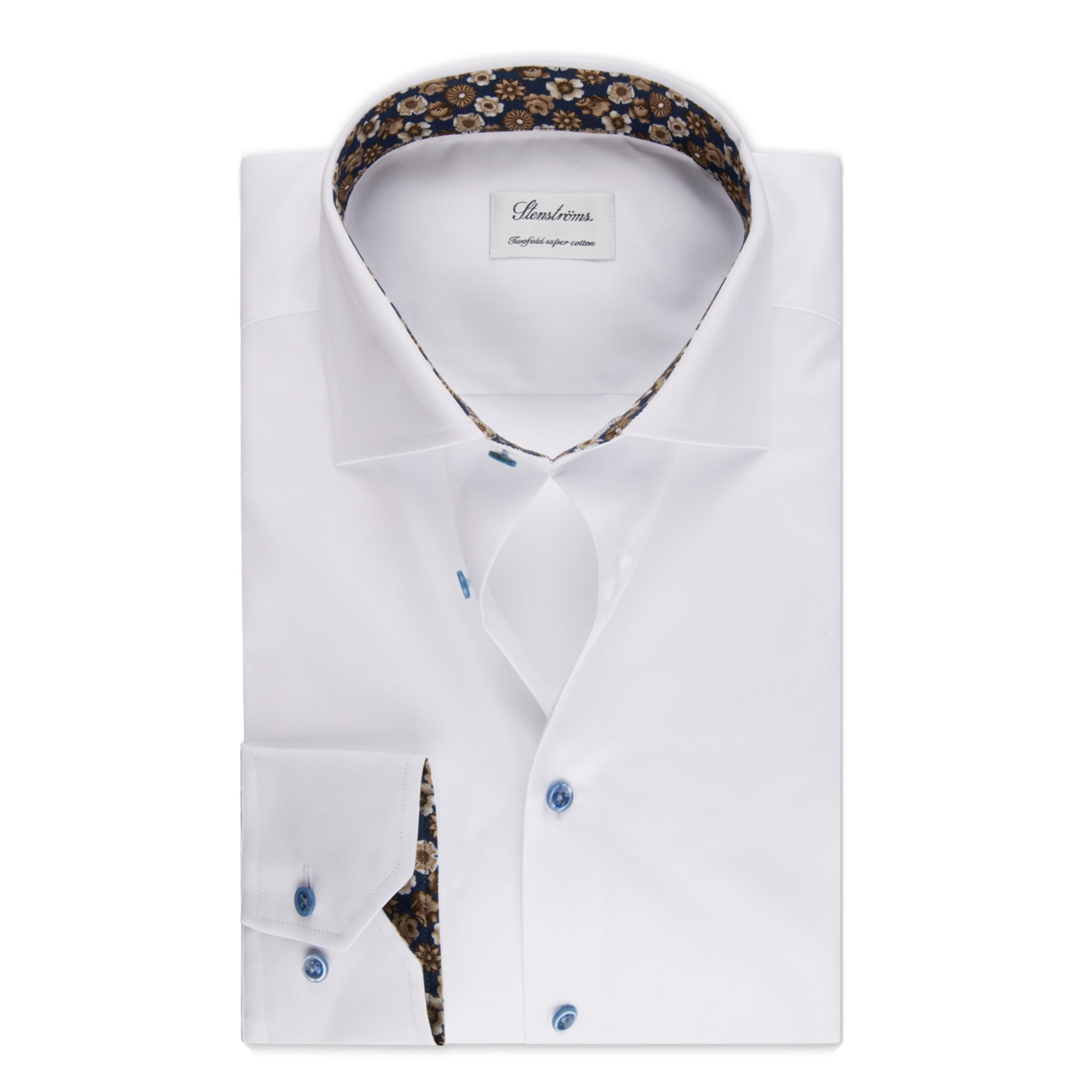 White w/ Floral Contrast Twill Fitted Body Shirt - Stenströms