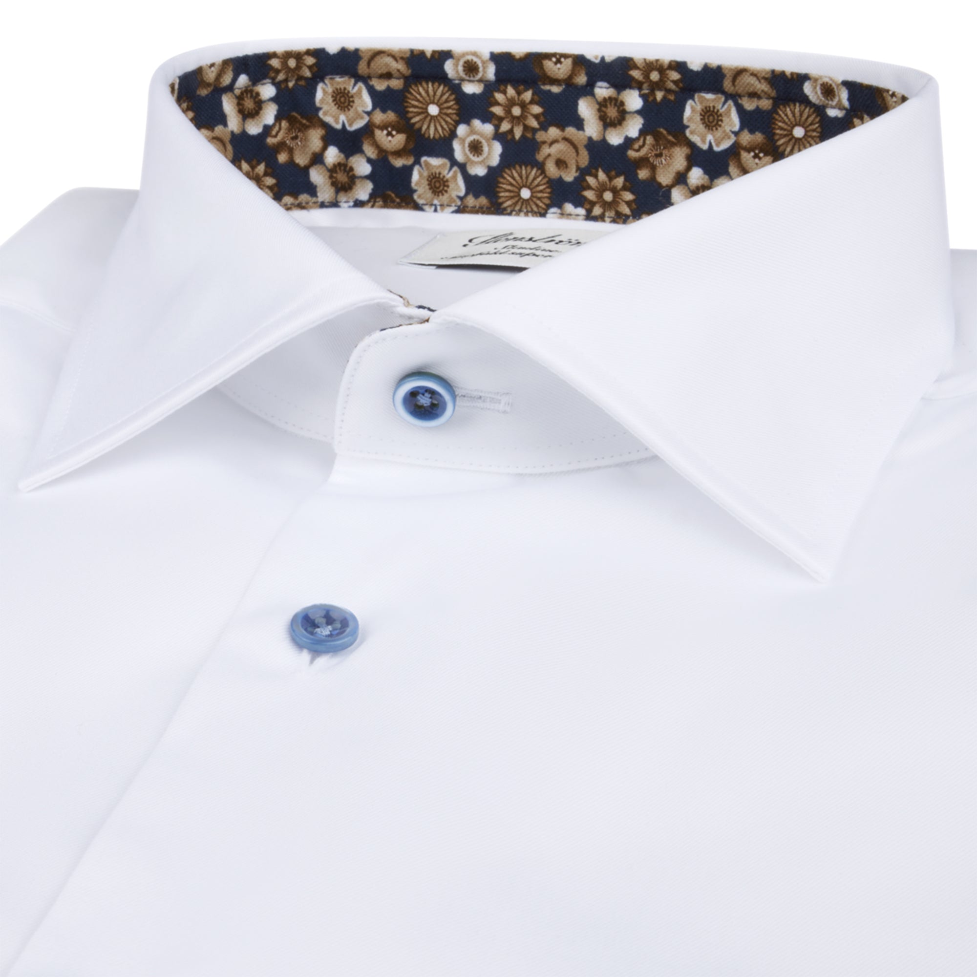 White w/ Floral Contrast Twill Fitted Body Shirt - Stenströms