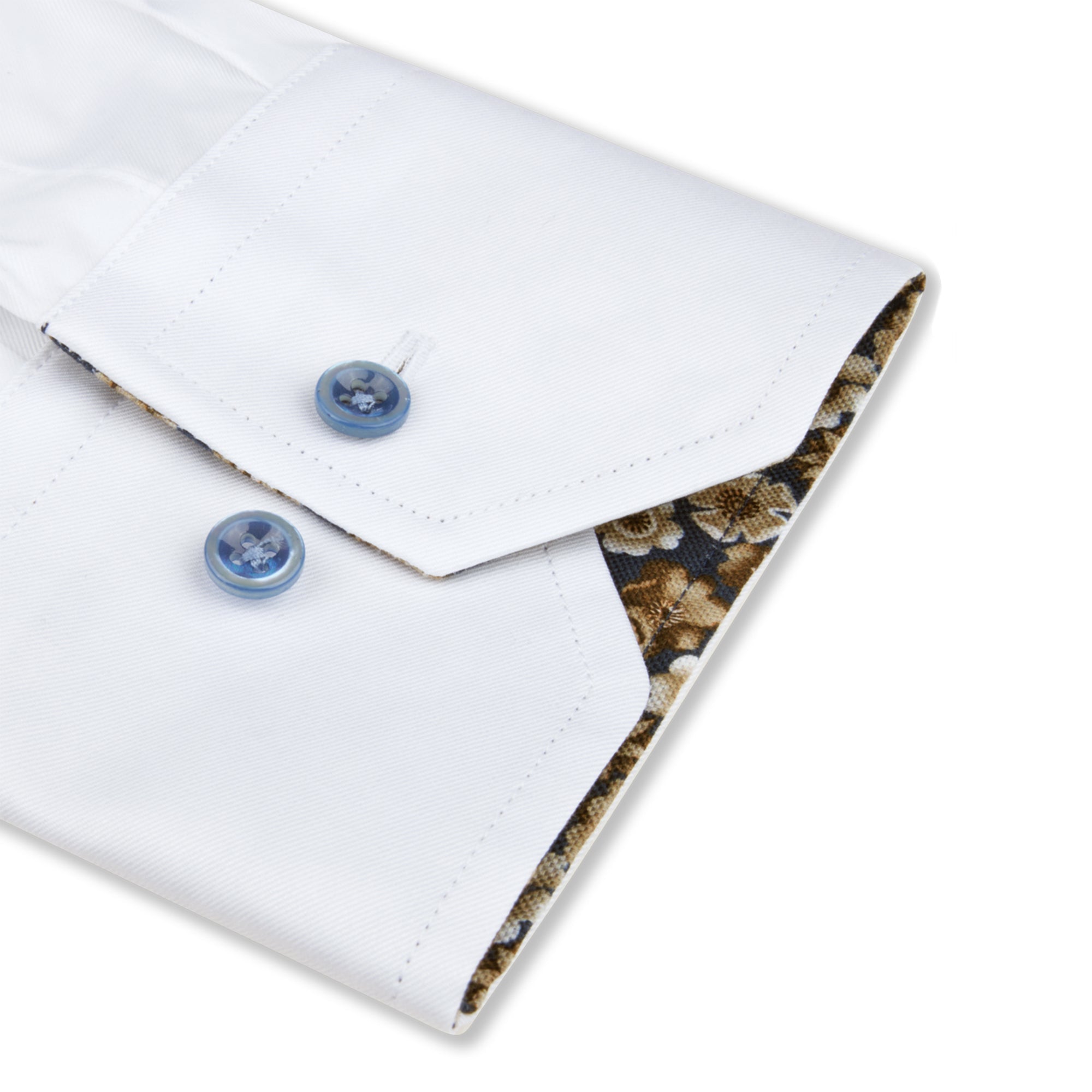 White w/ Floral Contrast Twill Fitted Body Shirt - Stenströms