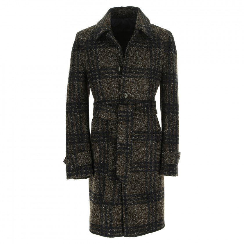 Dark Brown Check Tartan Jersey Wool Coat - Boutique Jacques Last Call
