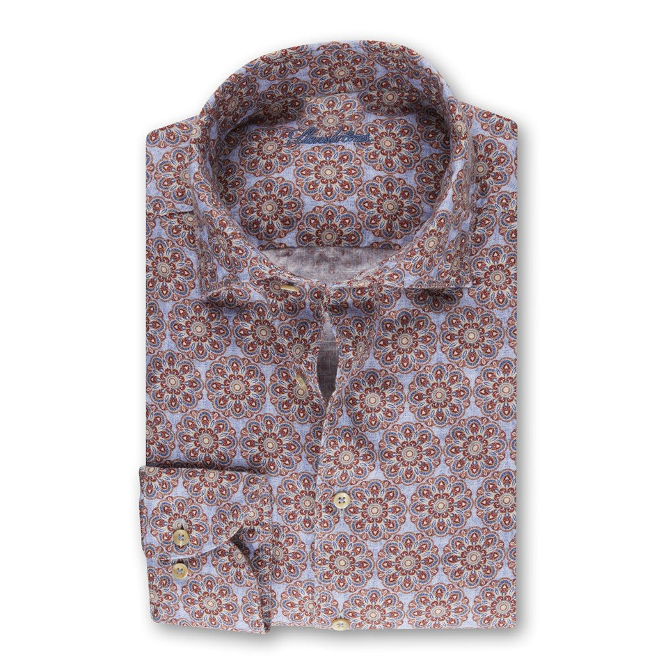 Red Patterned Linen Fitted Body Shirt - Stenströms - Boutique Jacques Last Call