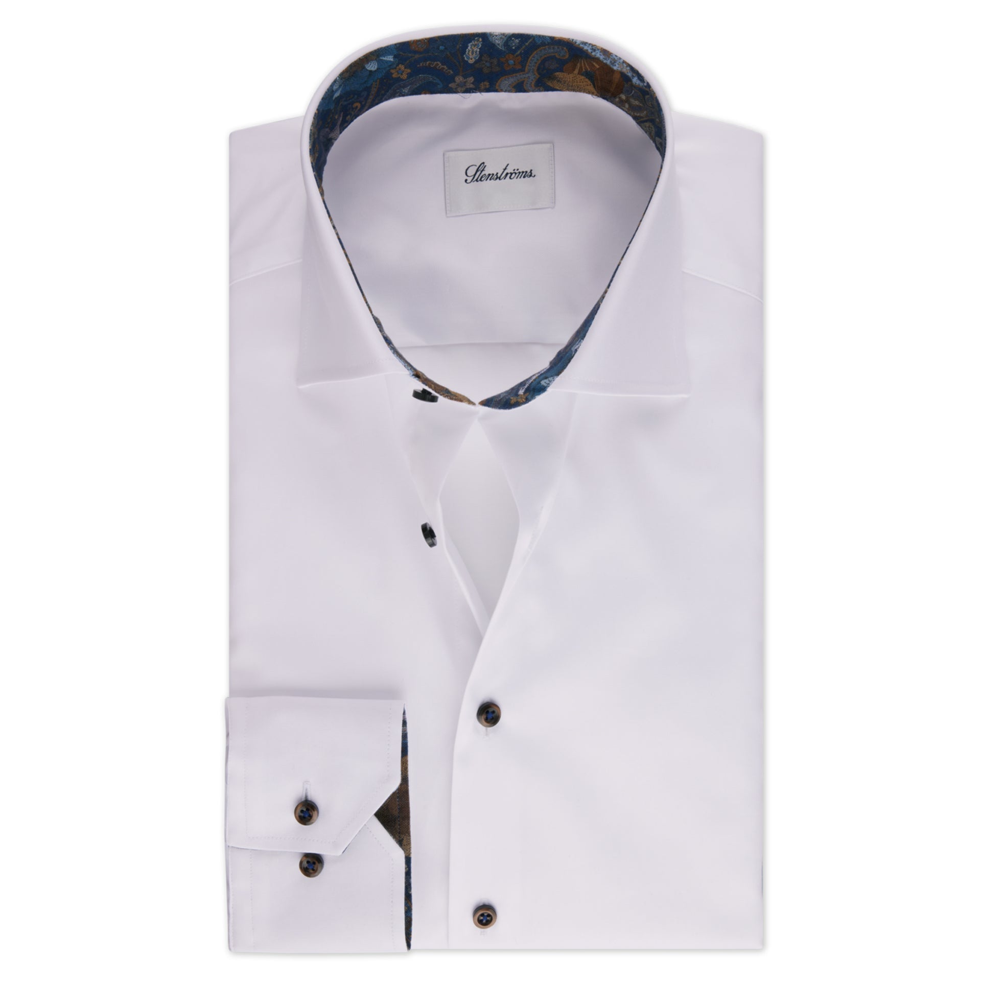 White w/ Brown & Blue Contrast Twill Fitted Body Shirt - Stenströms