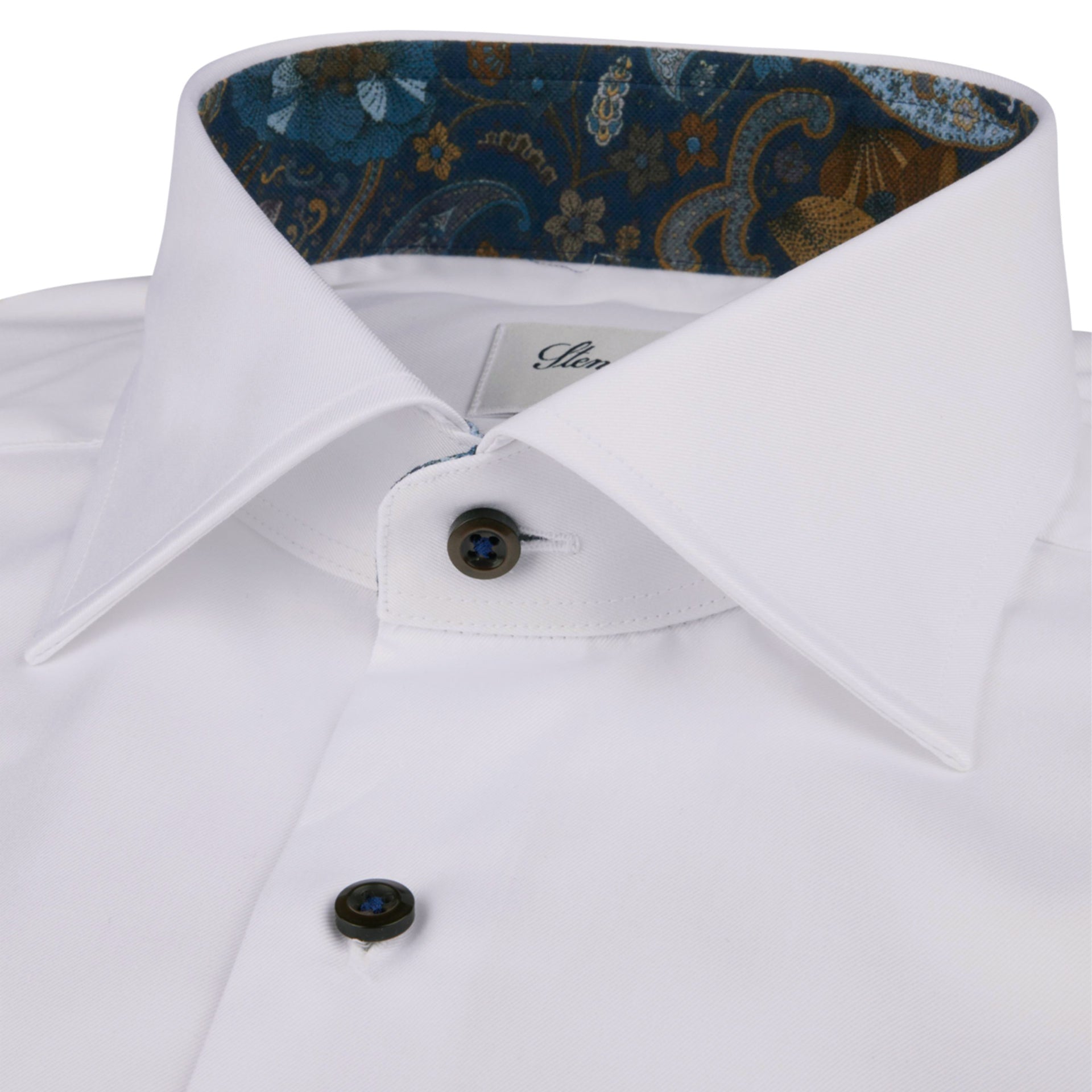 White w/ Brown & Blue Contrast Twill Fitted Body Shirt - Stenströms