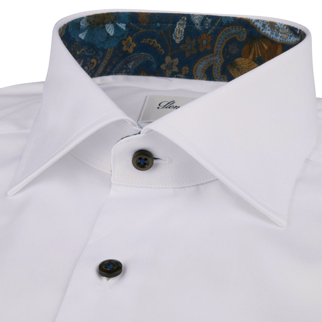 White w/ Brown & Blue Contrast Twill Fitted Body Shirt - Stenströms