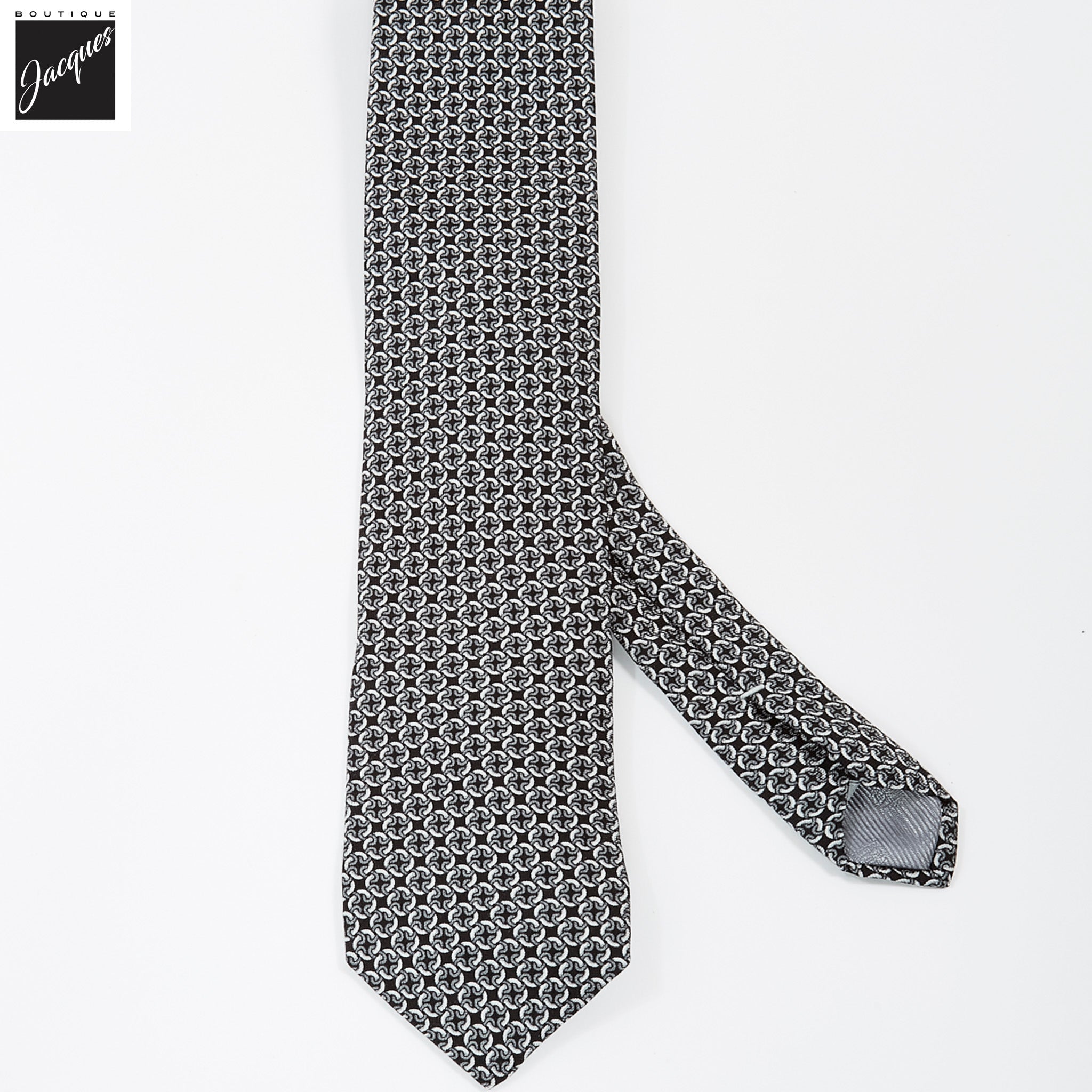 Black & Gray Chain Motif Printed Panama Silk Tie - DION - Boutique Jacques International