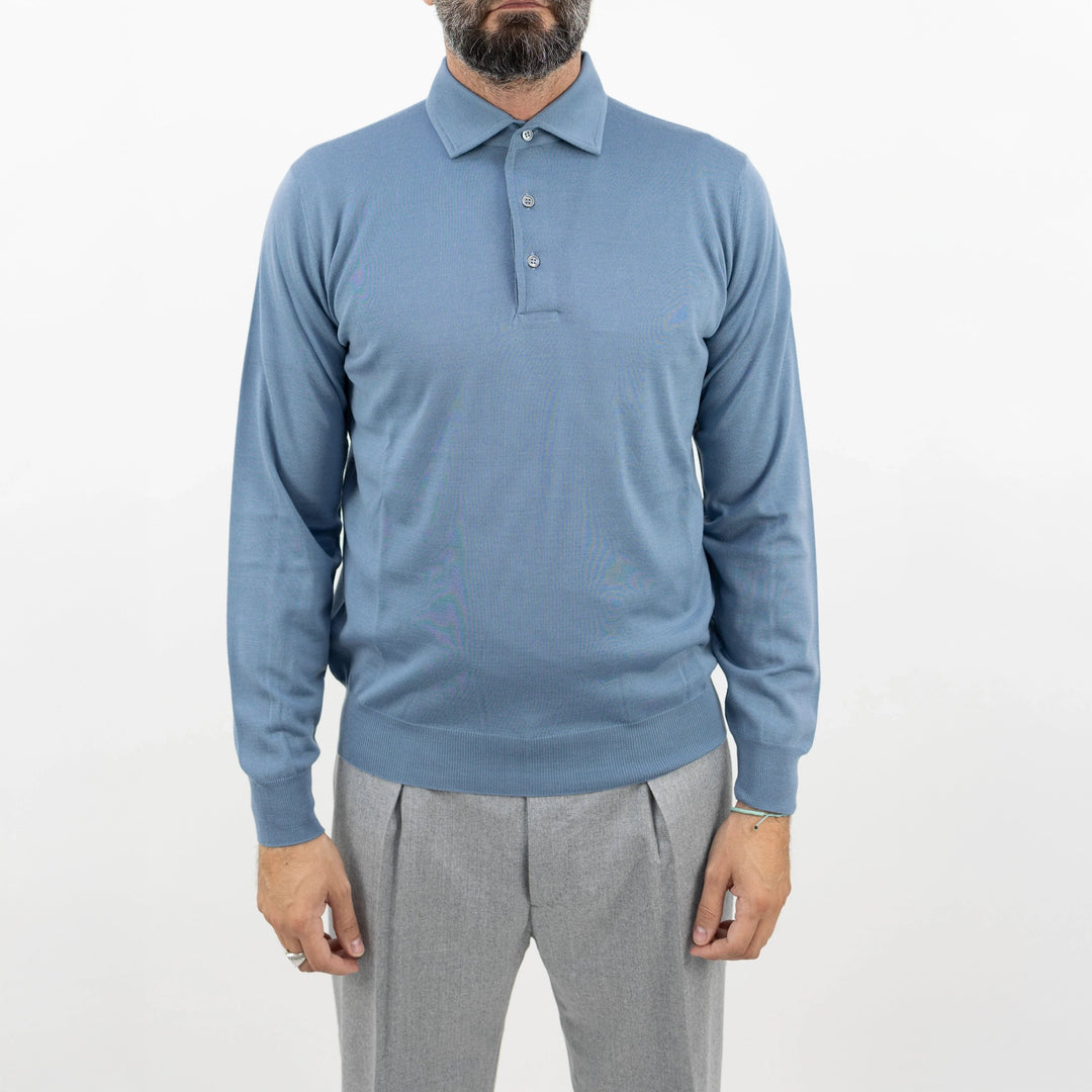Sky Blue Royal Merino Wool Polo Shirt - FILIPPO DE LAURENTIIS