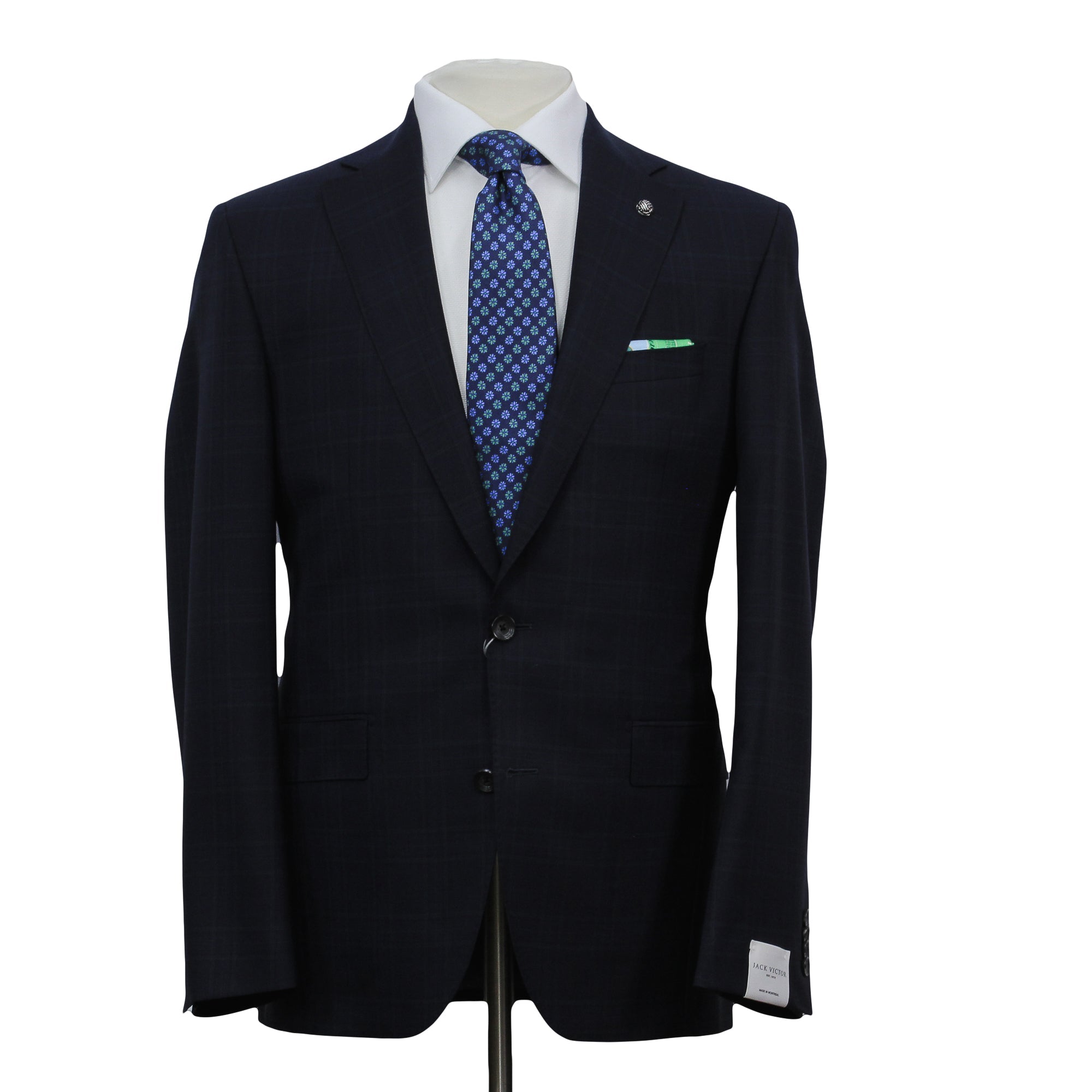 A navy blue suit with a green glen check pattern, featuring a notch lapel, two buttons, and flat front pants. The suit is displayed on a mannequin and appears to be made of wool.