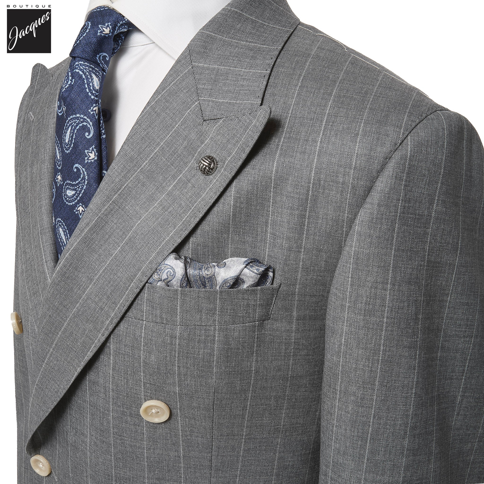 Gray Striped Double-Breasted Super 150s Wool Merlin Contemporary Fit Suit - Jack Victor 1913 - Boutique Jacques International